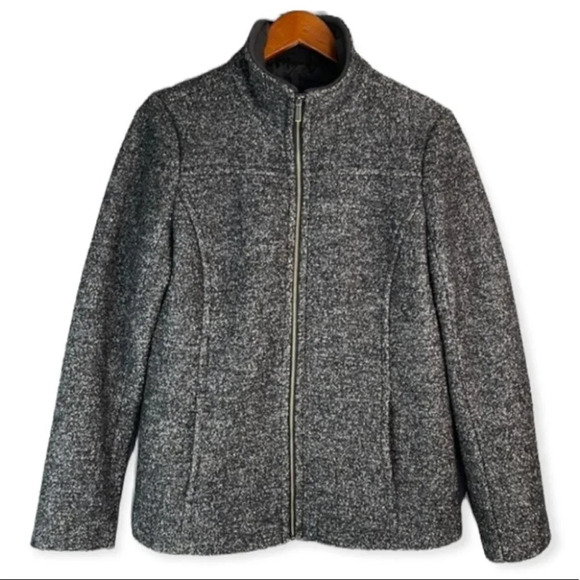 LANDS END Wool Zip Jacket Marled Black Grey High Neck Pockets Size 10P - Picture 2 of 11
